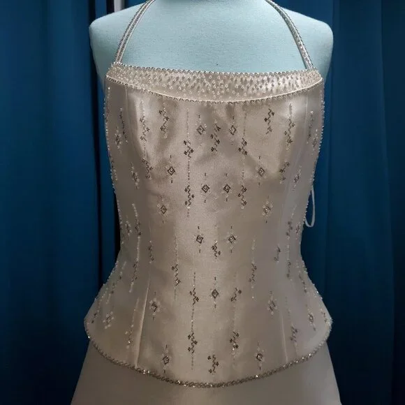 👑Pronovias Barcelona Bridal | Y2K Champagne Gown | Beaded Bustier Peplum Corset - Picture 5 of 13